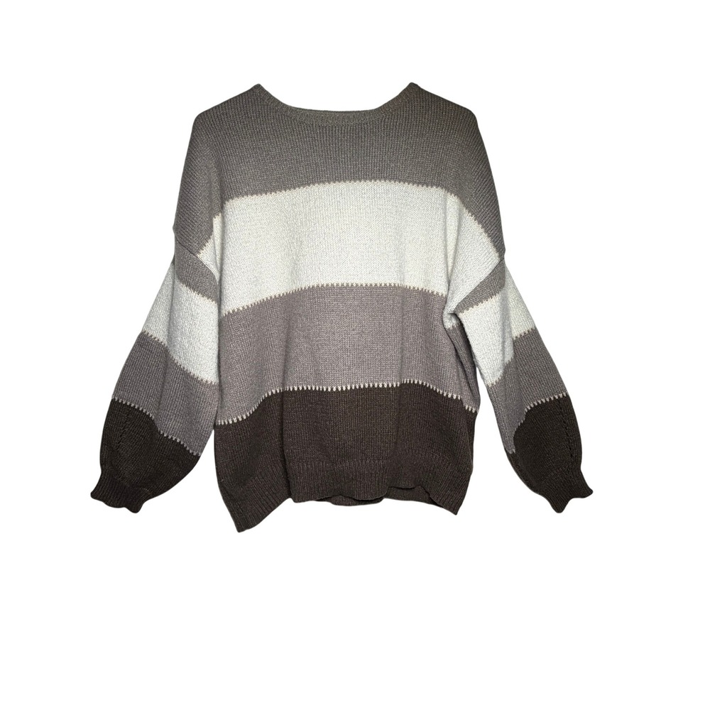 DIBSORGE Womens Striped Knit Sweater Grey Cream Brown Crew Neck Pullover Large